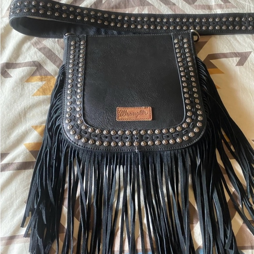 Wrangler Black Studded Fringe Crossbody Bag